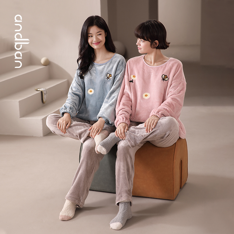 安之伴秋冬季睡衣保暖圆领可外穿
