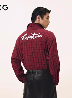 GXG男装红色格纹长袖衬衫外套2025春季新品新年时尚宽松上衣男士