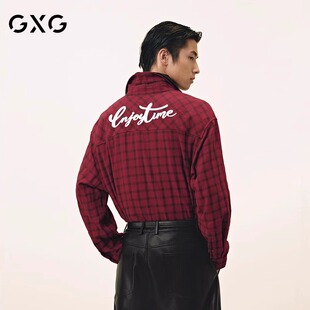 GXG男装红色格纹长袖衬衫外套2025春季新品新年时尚宽松上衣男士