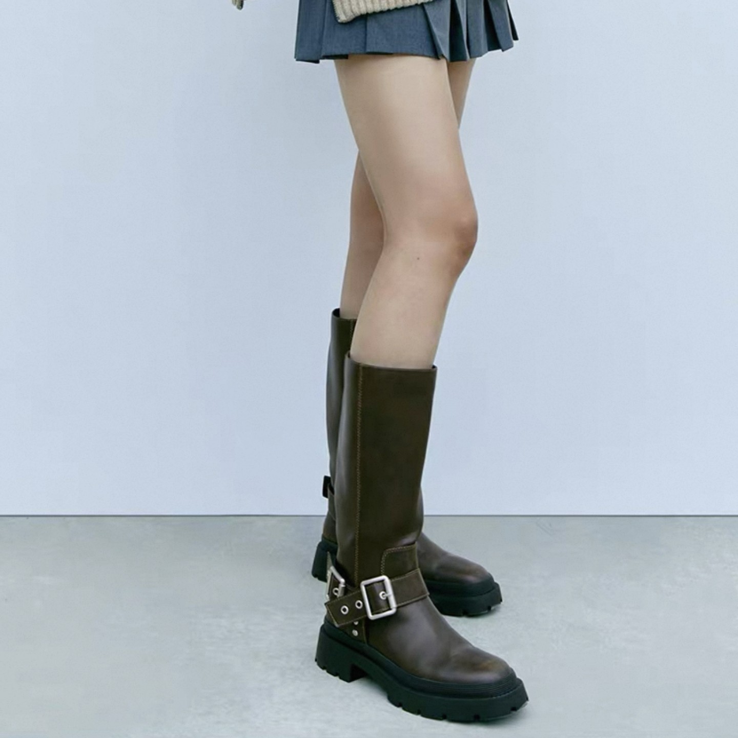 欧美风2025新款真皮高筒靴女粗跟骑士靴不过膝长靴显瘦百搭马丁靴,女鞋,骑士靴,淘宝优惠券,粉丝福利购,淘宝优惠卷