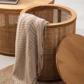 覆古圆形圆柱宅寂风实木藤编茶几客厅小户型收纳柜角几边几小茶桌