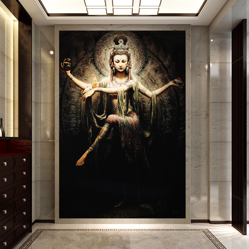 极速走廊过道瑜伽馆侍女r墙布油画壁纸3d立体敦煌风格壁画门庭玄
