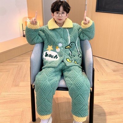 极速儿童睡衣男童冬季o三层夹棉加绒加厚冬款珊瑚绒男孩大童家居