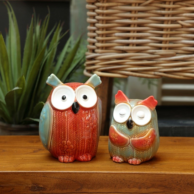 极速美式乡村田园风格q彩色的猫头鹰陶瓷摆件花园阳台庭院玄关摆