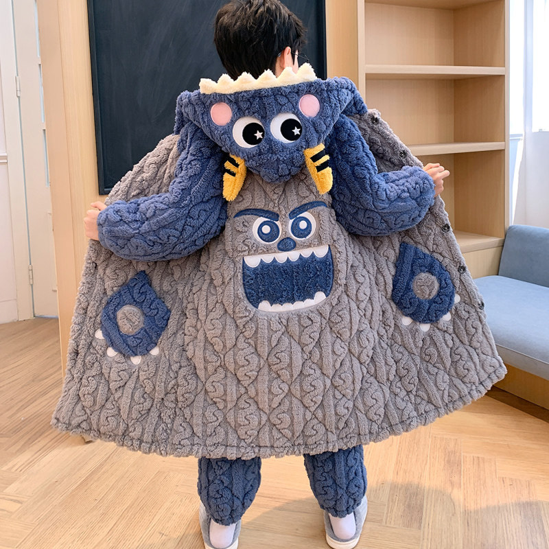 极速儿童睡衣男童男孩冬季三层夹B棉加绒加厚长款睡袍珊瑚绒秋冬