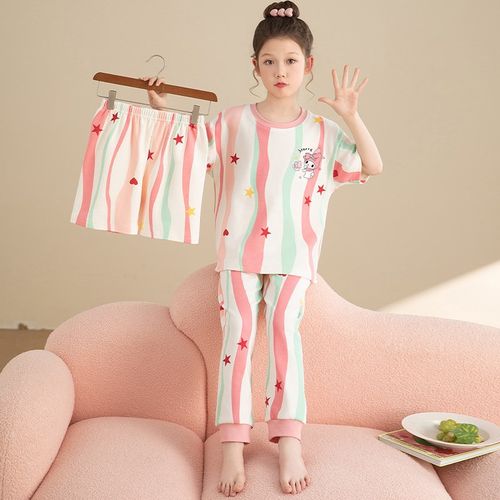 极速2025新款女童睡衣夏季纯棉薄款三件套儿童S夏款短袖女孩洋气