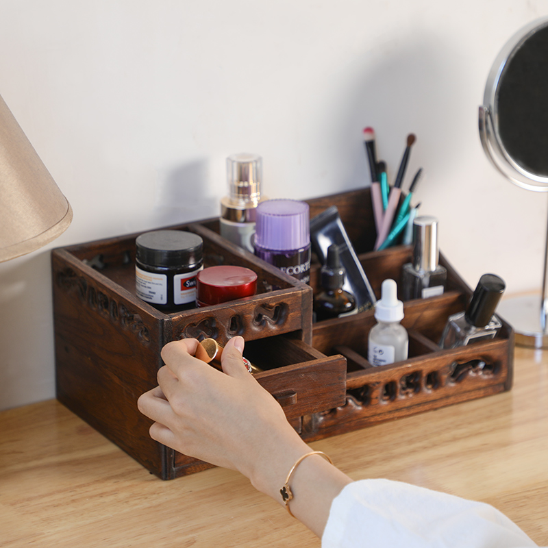 极速实木抽屉式化妆品收纳盒梳妆台护G肤品木质桌面收纳化妆盒置