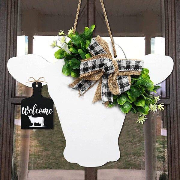 极速Welcome Farmhouse Cow Headz Door Wreath Wooden Calf Fron