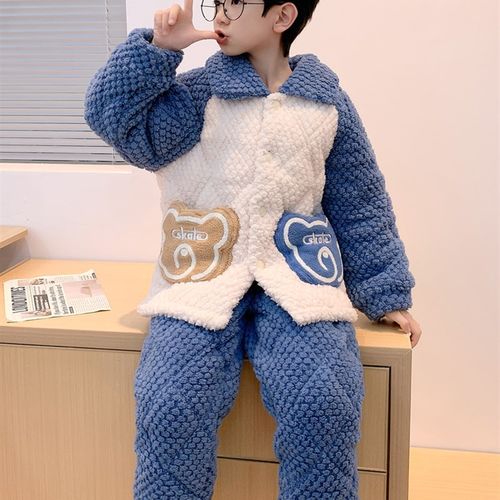 极速儿童睡衣冬季加绒加厚男童三层C夹棉珊瑚绒2023新款大童家居