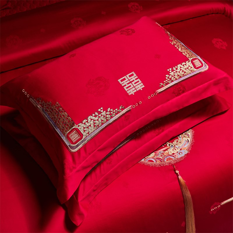 极速夹棉床盖款100支四件套大红纯棉刺K绣结婚被套婚庆床品婚房铺