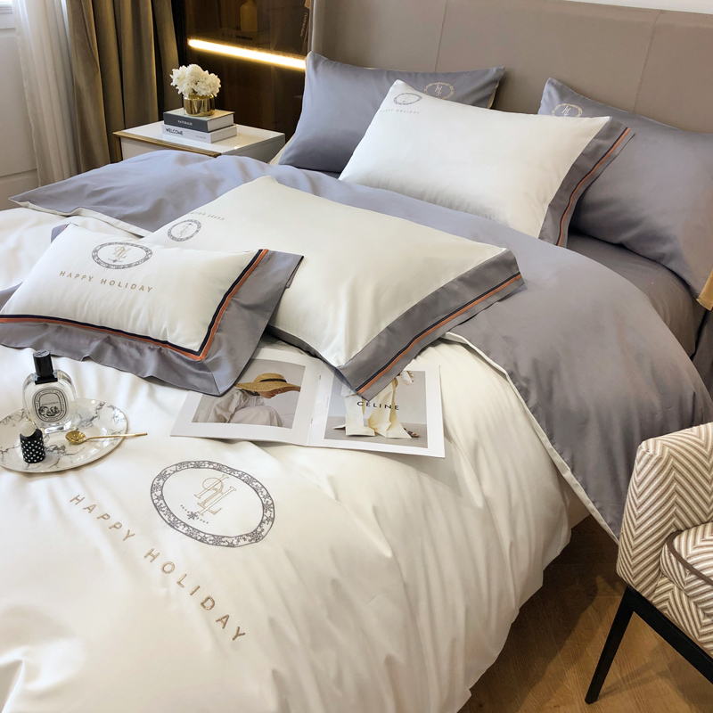 极速轻奢风100支新疆长绒棉贡缎四件套 全N棉刺绣被套床单床上用