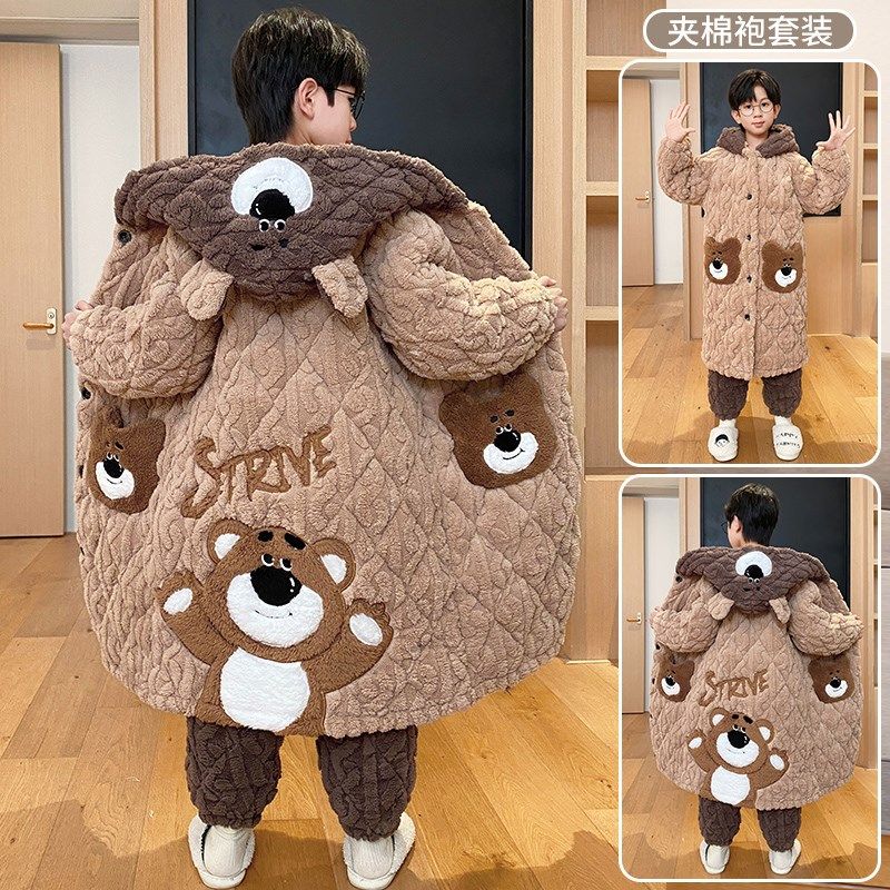 极速冬季儿童睡衣男童男孩三层夹棉冬天加绒加厚珊瑚W绒长款家居