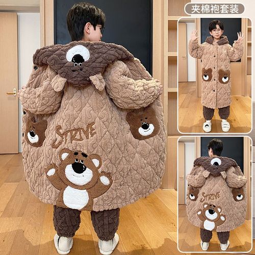 极速冬季儿童睡衣男童男孩三层夹棉冬天加绒加厚珊瑚W绒长款家居