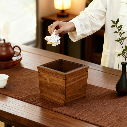 北美黑胡桃木桌面垃圾桶家用厨房客厅茶桌新中式小号迷你纸篓木质