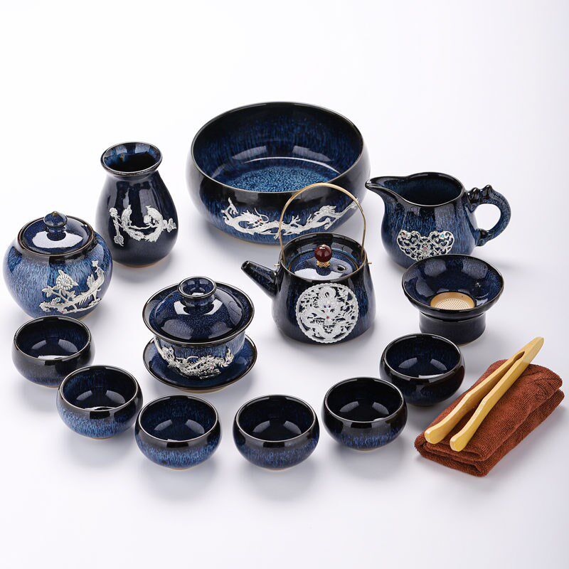 速发窑变14头主人建盏茶具套装陶瓷茶壶茶盏功夫茶具镶银家用品茗