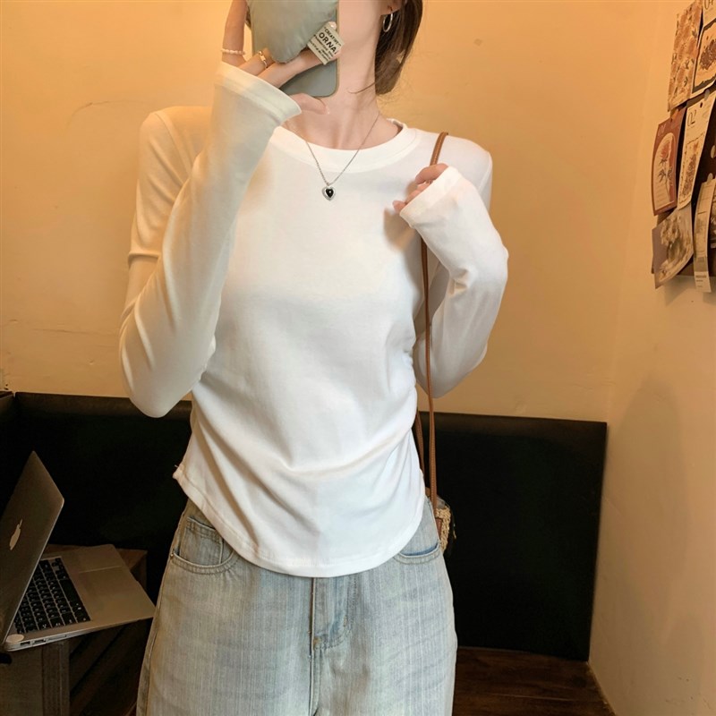 速发灰色设计感抽褶长袖T恤2025春季收腰弧形下摆内搭短上衣打底