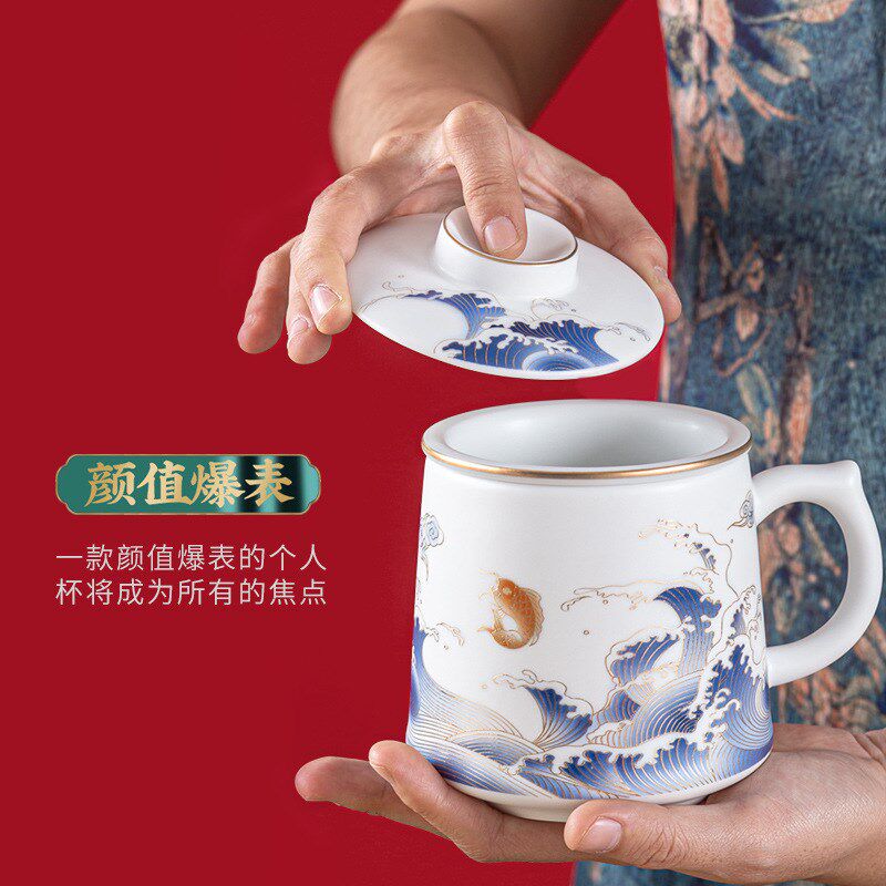 速发办公金陶瓷带盖过滤冷热保温商务泡茶双克水杯镀杯马层礼盒装