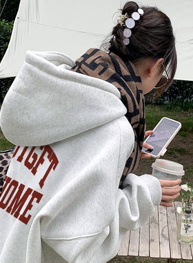 速发灰色慵懒季外套vi连age美式大码加绒t帽卫衣潮韩版冬风上衣