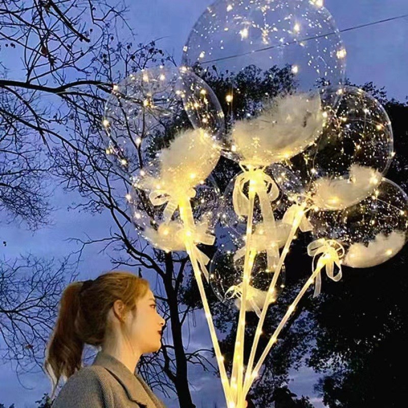 速发发光羽毛道波球气球夜市摆灯摊透明生日节日装饰布置带地波具