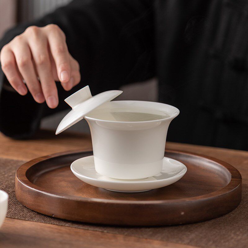 速发羊脂玉瓷盖碗三才碗茶盅家用功夫茶碗大号泡茶碗德化白瓷茶碗