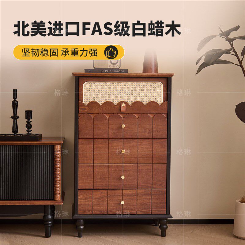 速发风斗柜客厅白蜡木实木藤艺五斗收纳柜靠墙法式复古卧室储物柜