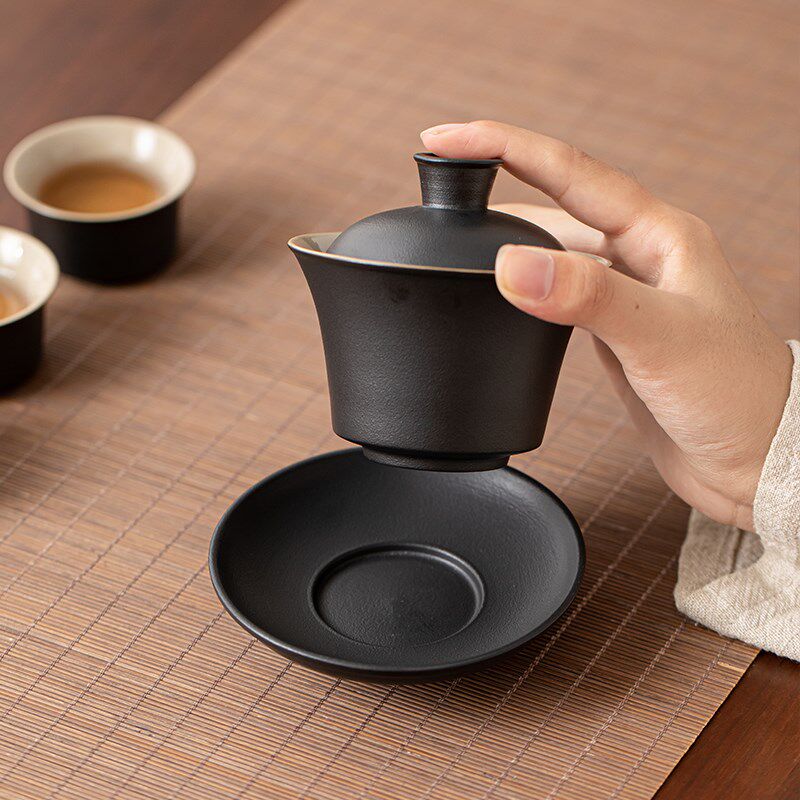速发黑陶盖碗茶碗功夫三才碗功夫茶具家用办公茶艺零配单卖龙井乌