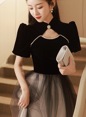 晚礼服女宴会主持人高端轻奢小众黑色渐变纱成人礼声乐艺考连衣裙