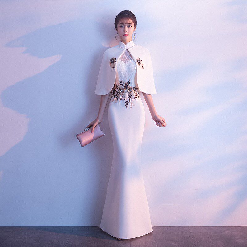 晚礼服白色旗袍女春夏鱼尾中国风长款连衣裙优雅演出合唱显瘦礼服