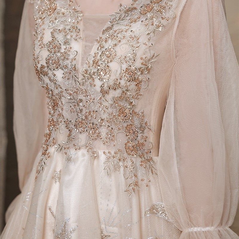 香槟色大码晚礼服胖mm宴会气质轻奢小众200斤订婚伴娘主持连衣裙