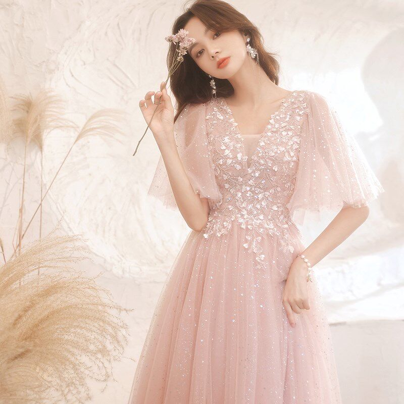 艺考晚礼服大码胖mm学生表演主持200斤宴会气质伴娘粉色高贵长裙