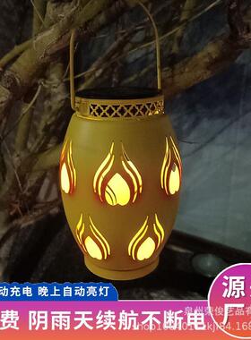 跨境太阳能火焰灯笼铁艺镂空黄色腰鼓灯户外庭院悬挂装饰景光灯