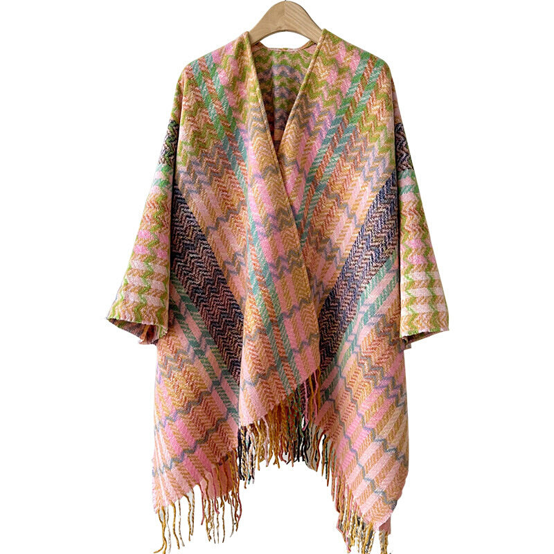速发  彩色波浪格子带袖披肩秋冬旅游外搭加厚保暖斗篷披风流苏