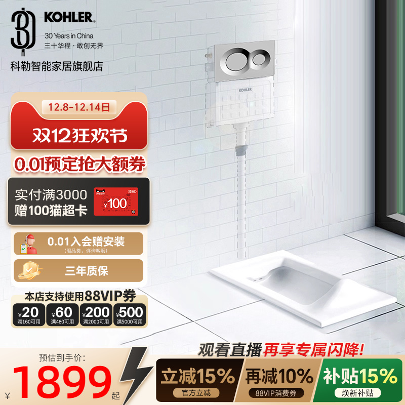 【政府补贴15%】科勒蹲便器嵌入式水箱陶瓷大便器卫生间防臭蹲厕