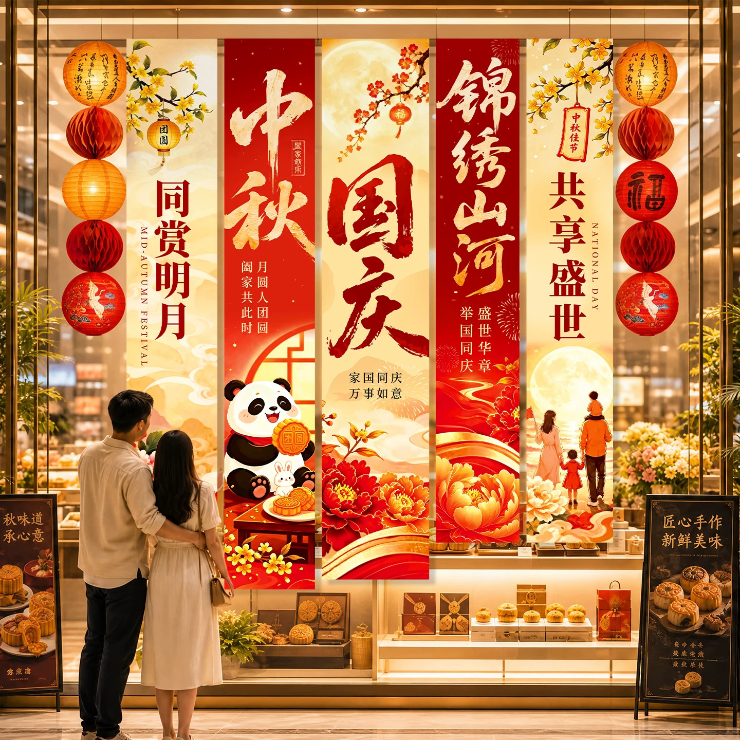 中秋国庆节氛围场景布置装饰商场门店铺橱窗打卡拍照背景挂布条幅