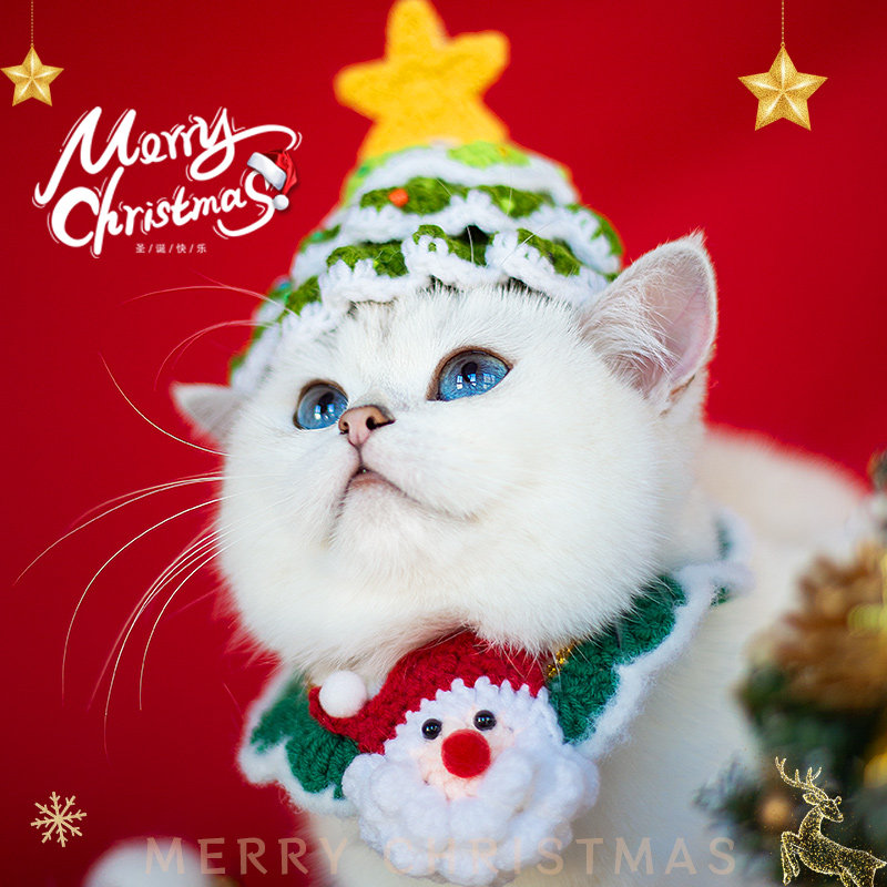 圣诞节宠物围脖帽子猫咪狗狗项圈手工针织节日装扮服装围兜口水巾