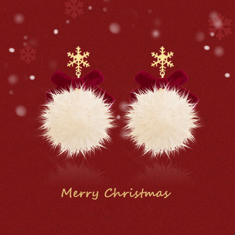 原创冬季雪花圣诞节红色毛绒毛球耳环女耳饰品耳钉无耳洞耳夹礼物
