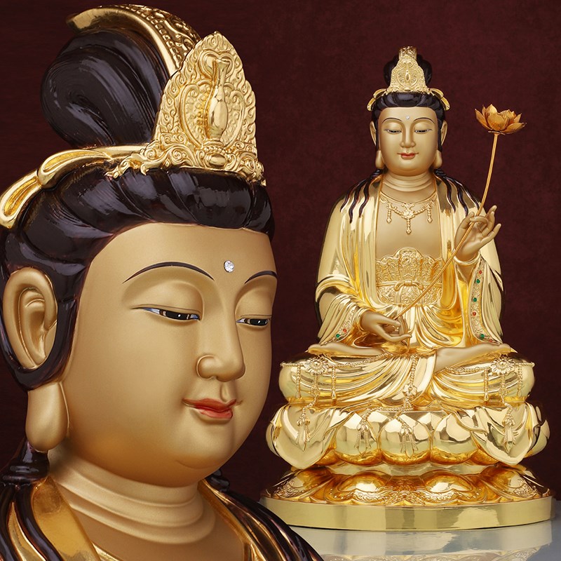 速发萨势至菩大佛像铜像坐莲钻金镶贴西方三圣坐像摆件全堂佛供奉