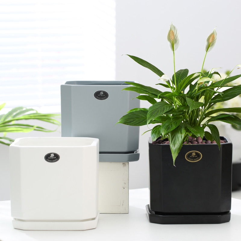 速发风格四方托盆带瓷陶花盘透气栀子花大号客厅家用绿植花盆