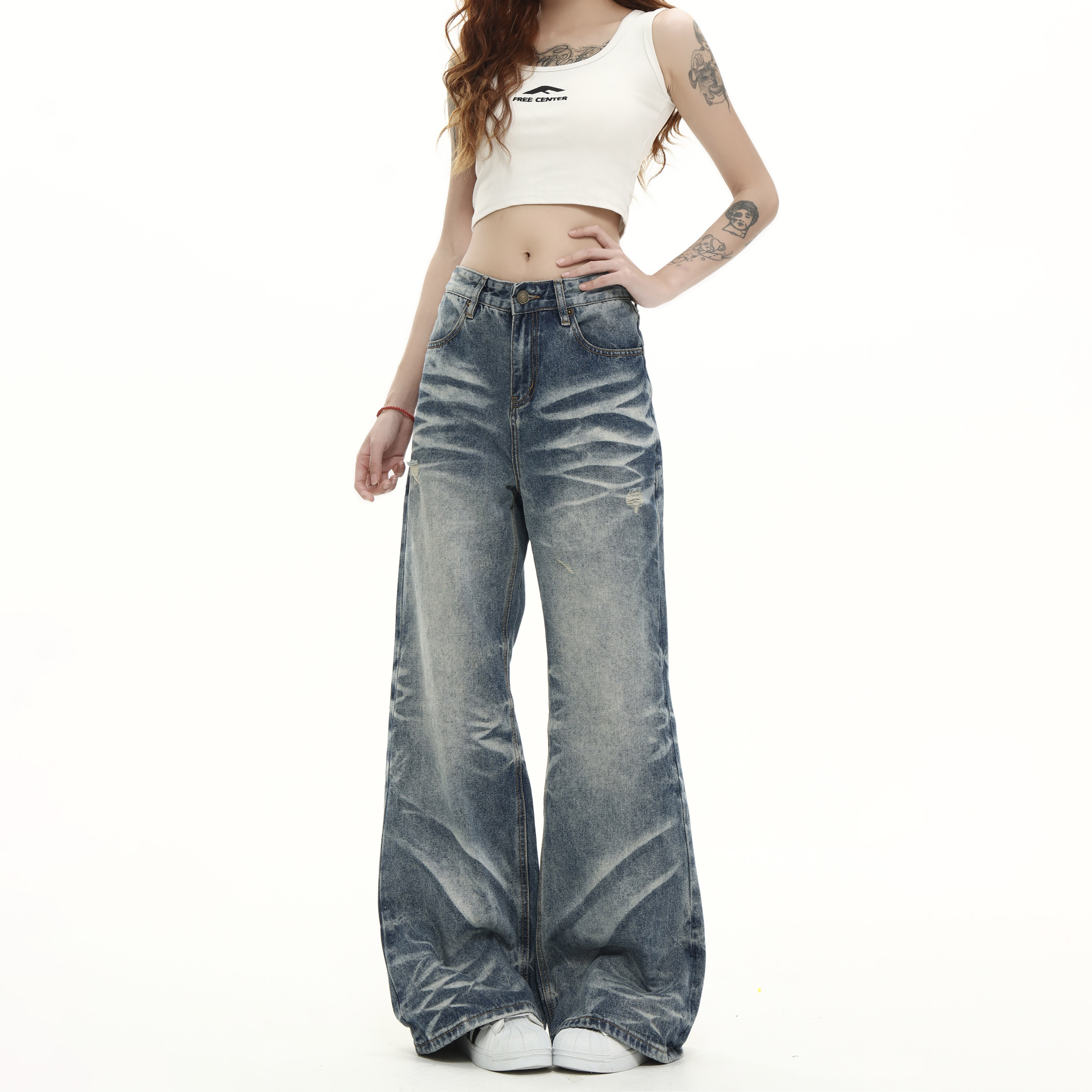 MAX ME美式猫须折痕水洗直筒牛仔裤cleanfit宽松vibe显瘦微喇裤