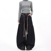 MAX 男女宽松潮牌高腰拖地长裤 ME美式 复古水洗带腰绳弯刀牛仔裤