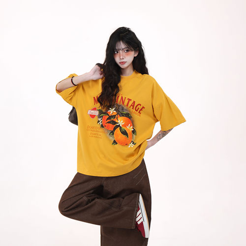 MAXME美式复古橘子印花黄色短袖
