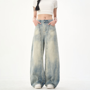 MAX ME美式复古弯刀阔腿牛仔裤男女宽松解构设计感裤子