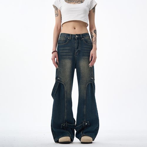 MAX ME美式复古做旧水洗重工解构拼接牛仔裤男设计感直筒宽松裤子