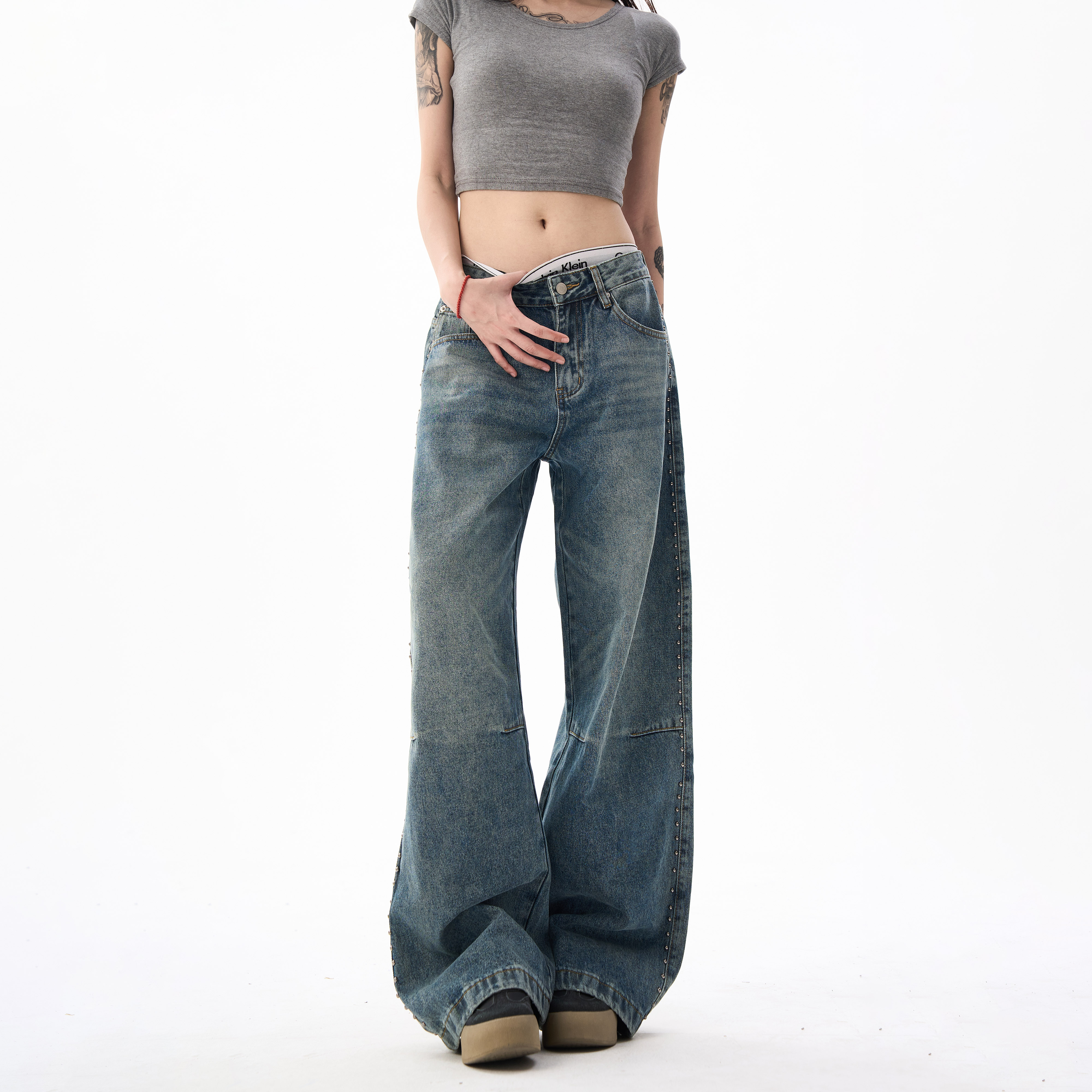 美式高街铆钉设计阔腿牛仔裤女