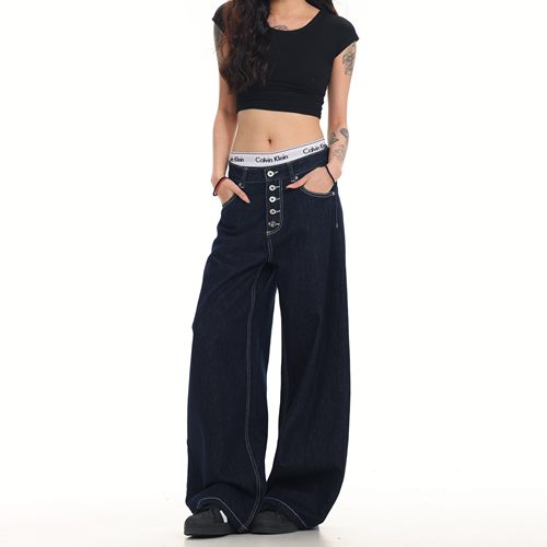 MAX ME原牛明线弯刀牛仔裤男秋季百搭新款纯色纽扣设计