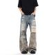 MAX 子 男女潮牌高级感设计直筒裤 ME高街美式 拼接迷彩微喇牛仔裤
