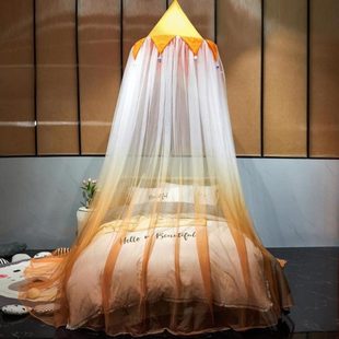 渐变色橘黄蚊帐三开门圆顶家用吊顶免打孔安装 厂促2022新款