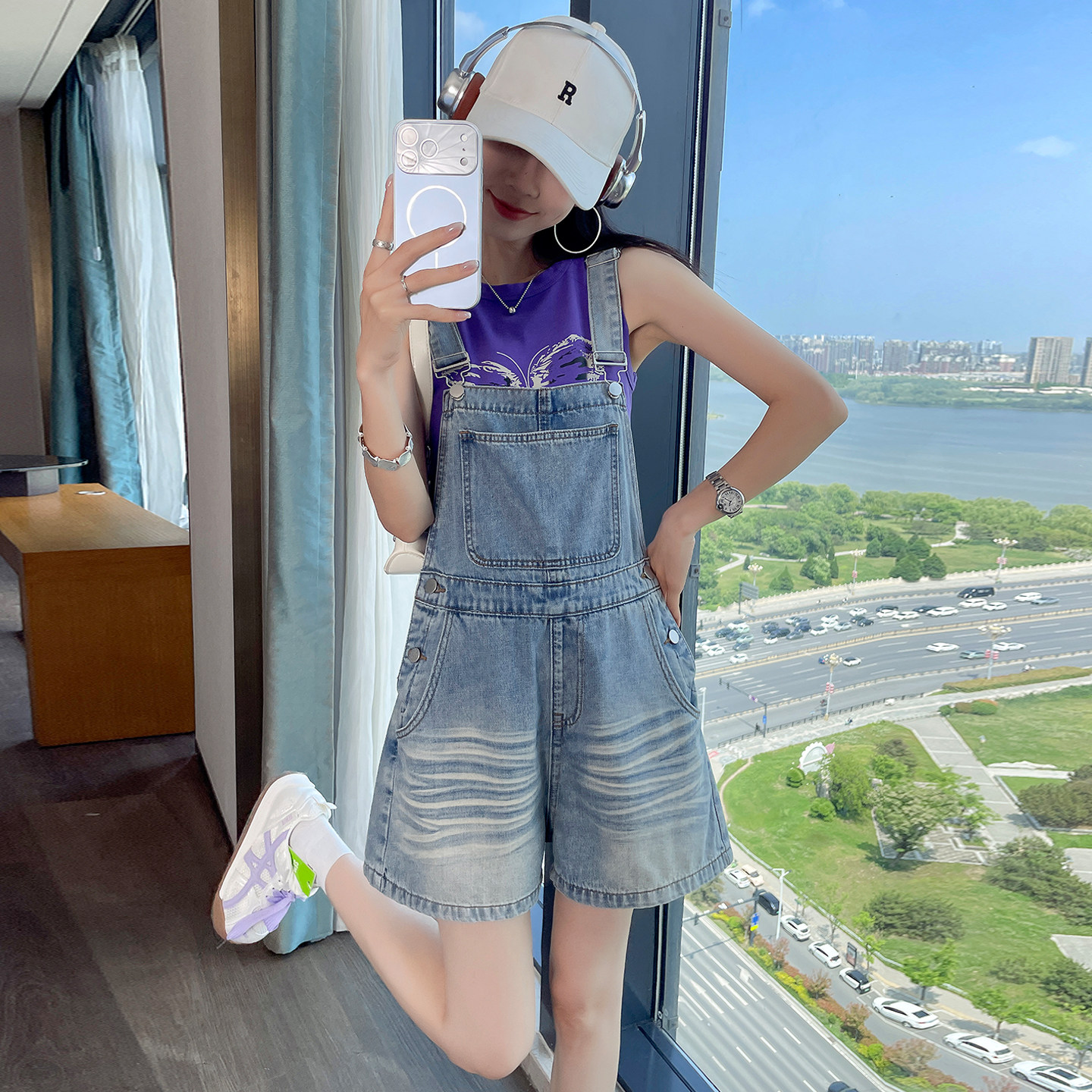 减龄牛仔背带短裤女薄阔腿连体裤图片