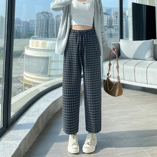 毛呢格子闊腿褲 韓版 高腰顯瘦寬松休閑九分煙管褲 女春秋2025年新款