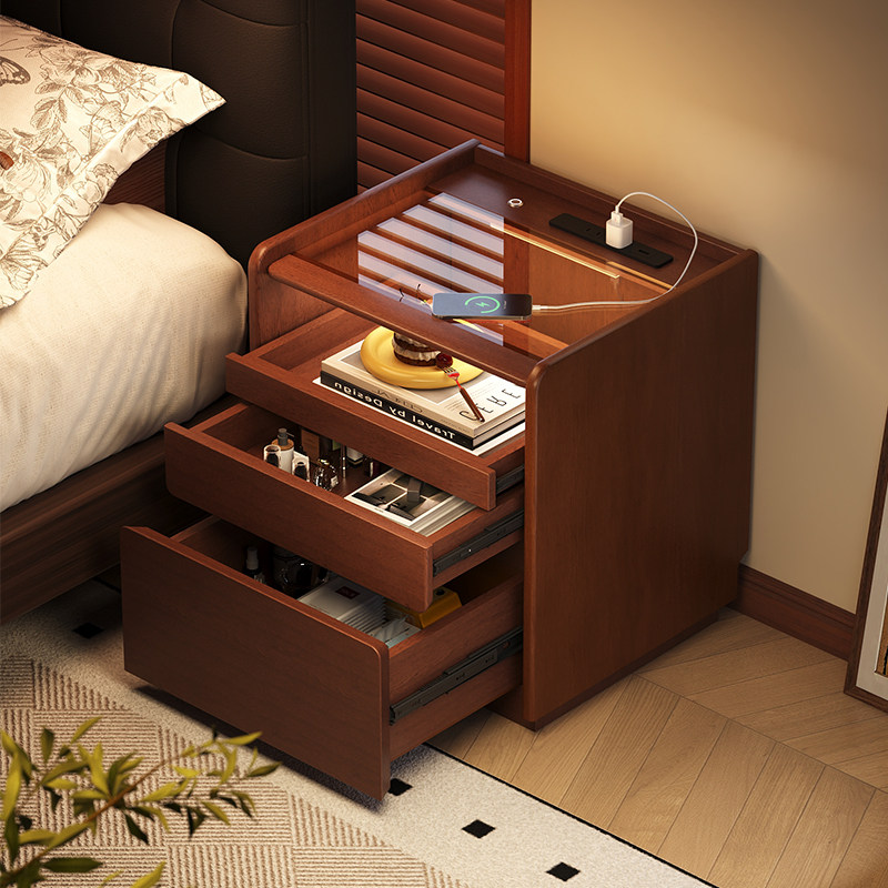全实木智能床头柜子家用卧室置物架2025新款高级小型床边收纳柜